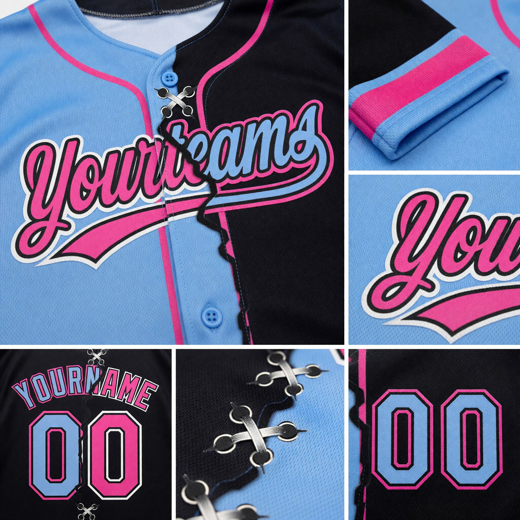 Custom Black Light Blue Pink-White Split Ripped Pattern Baseball Pullover Sweatshirt Hoodie detail