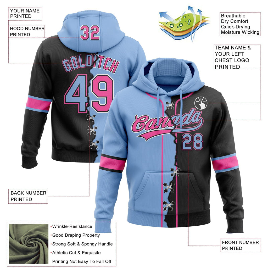 Custom Black Light Blue Pink-White Split Ripped Pattern Baseball Pullover Sweatshirt Hoodie photo 4
