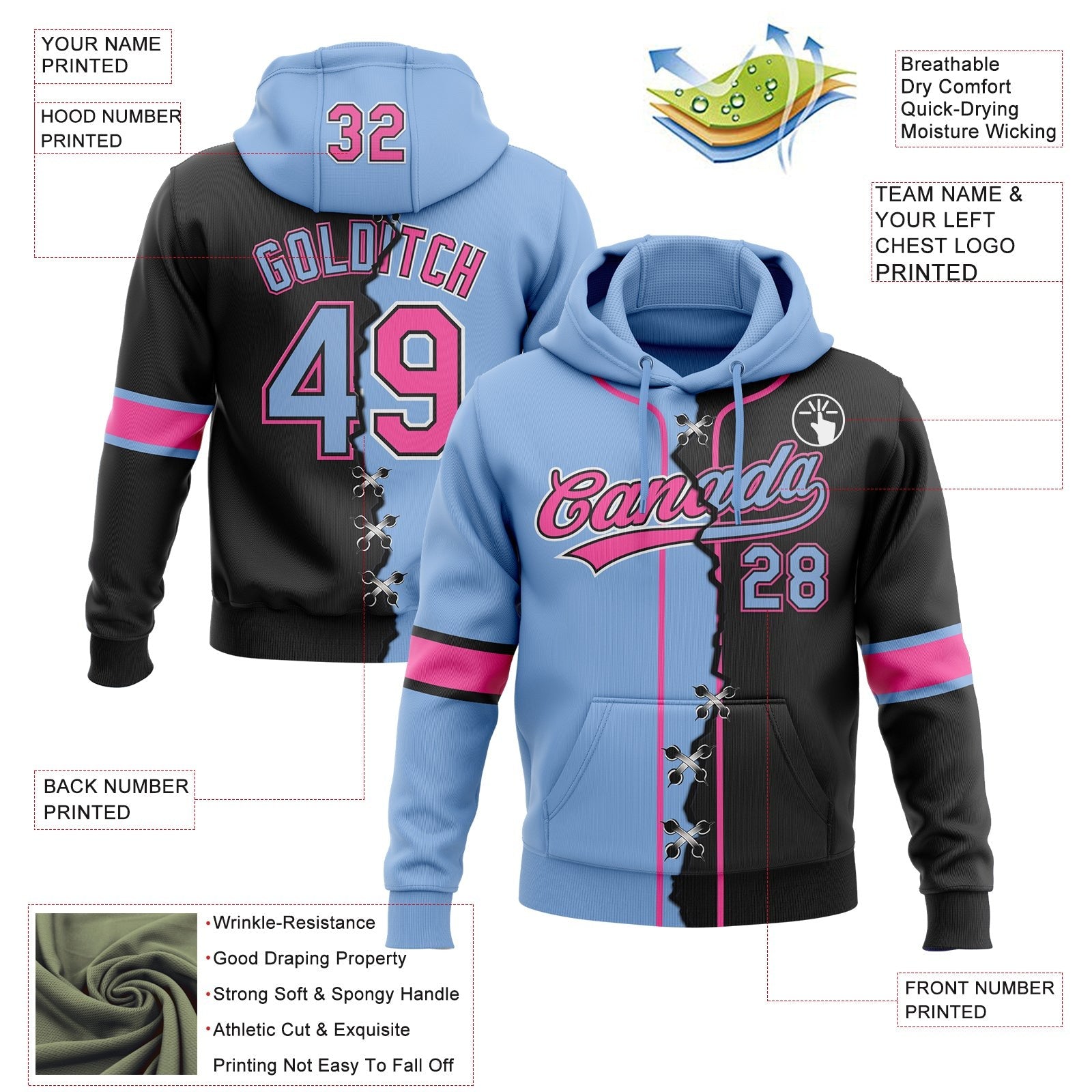 Custom Black Light Blue Pink-White Split Ripped Pattern Baseball Pullover Sweatshirt Hoodie photo 4