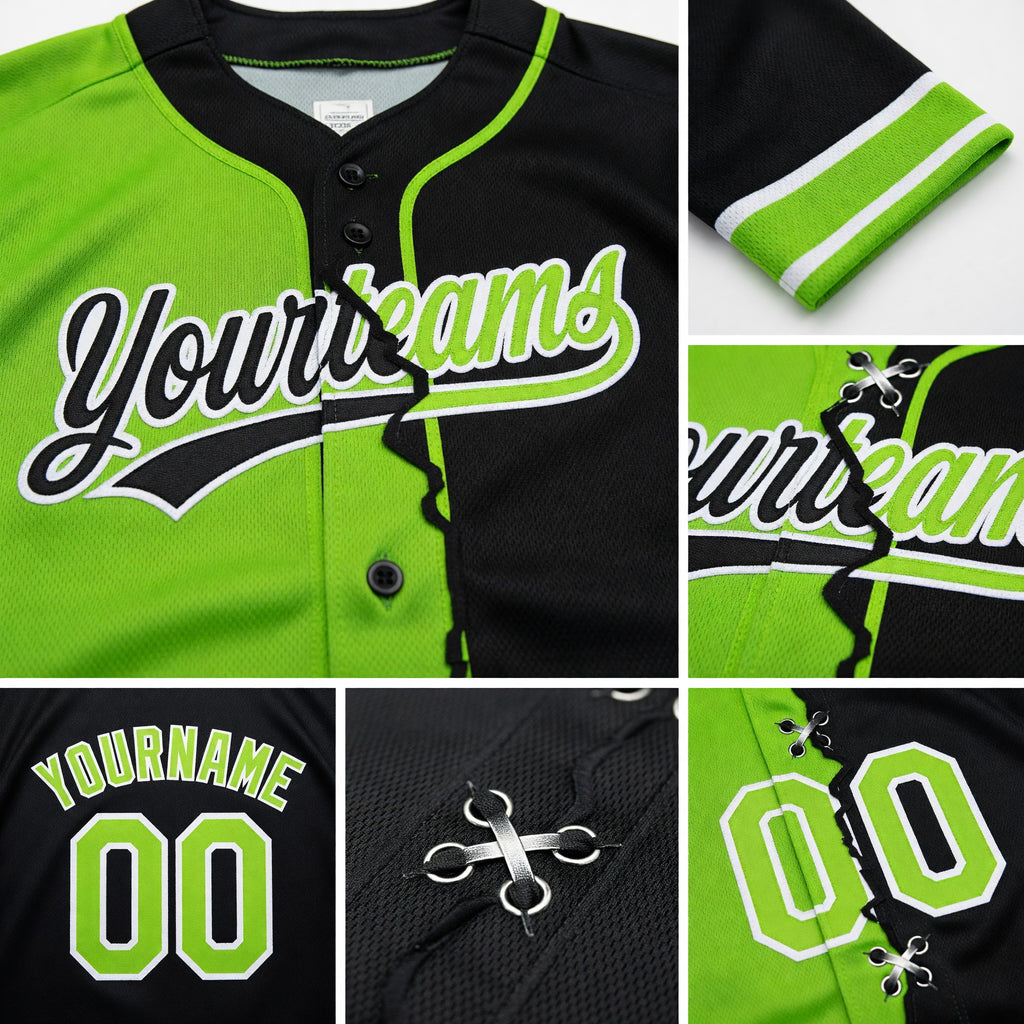 Custom Black Neon Green-White Split Ripped Pattern Baseball Pullover Sweatshirt Hoodie detail
