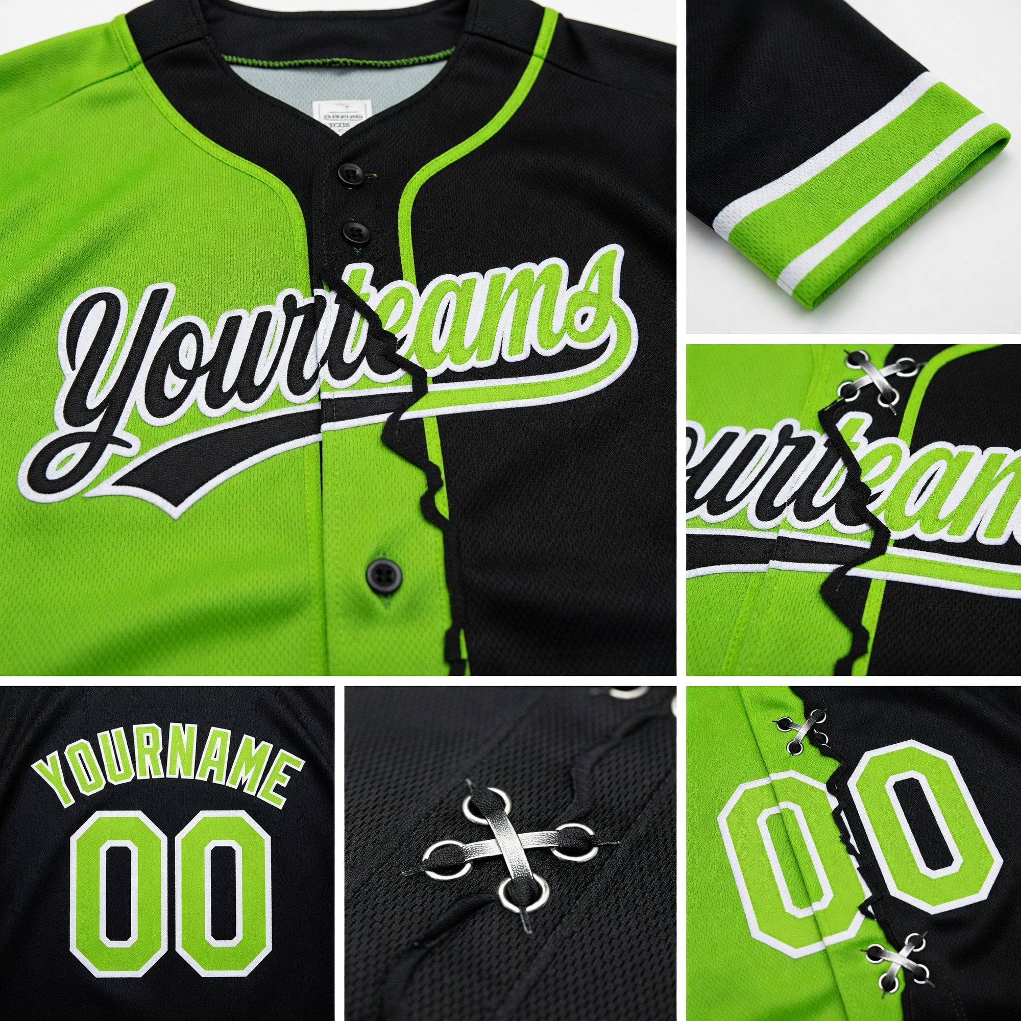 Custom Black Neon Green-White Split Ripped Pattern Baseball Pullover Sweatshirt Hoodie detail