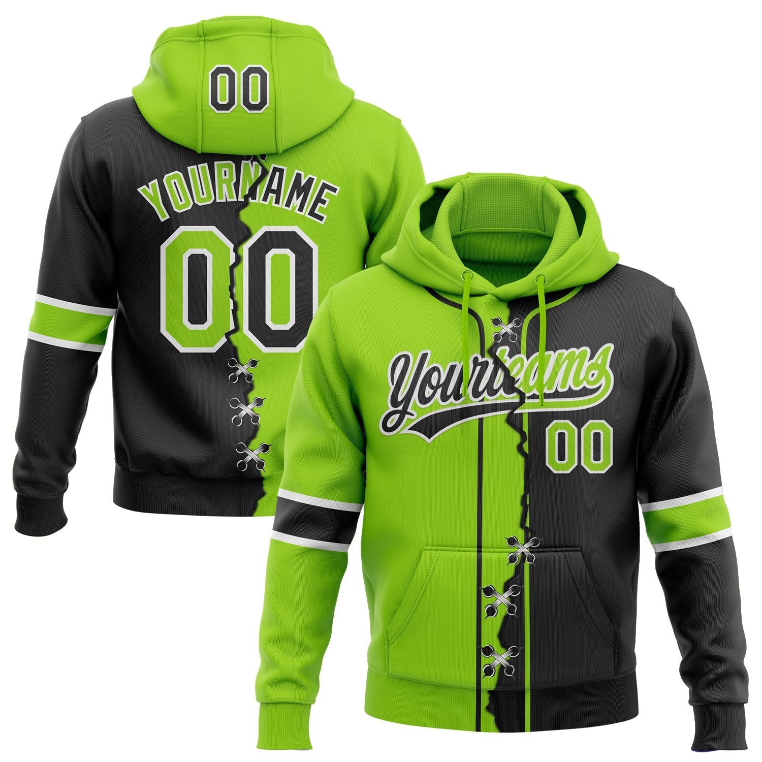 Custom Black Neon Green-White Split Ripped Pattern Baseball Pullover Sweatshirt Hoodie photo 1