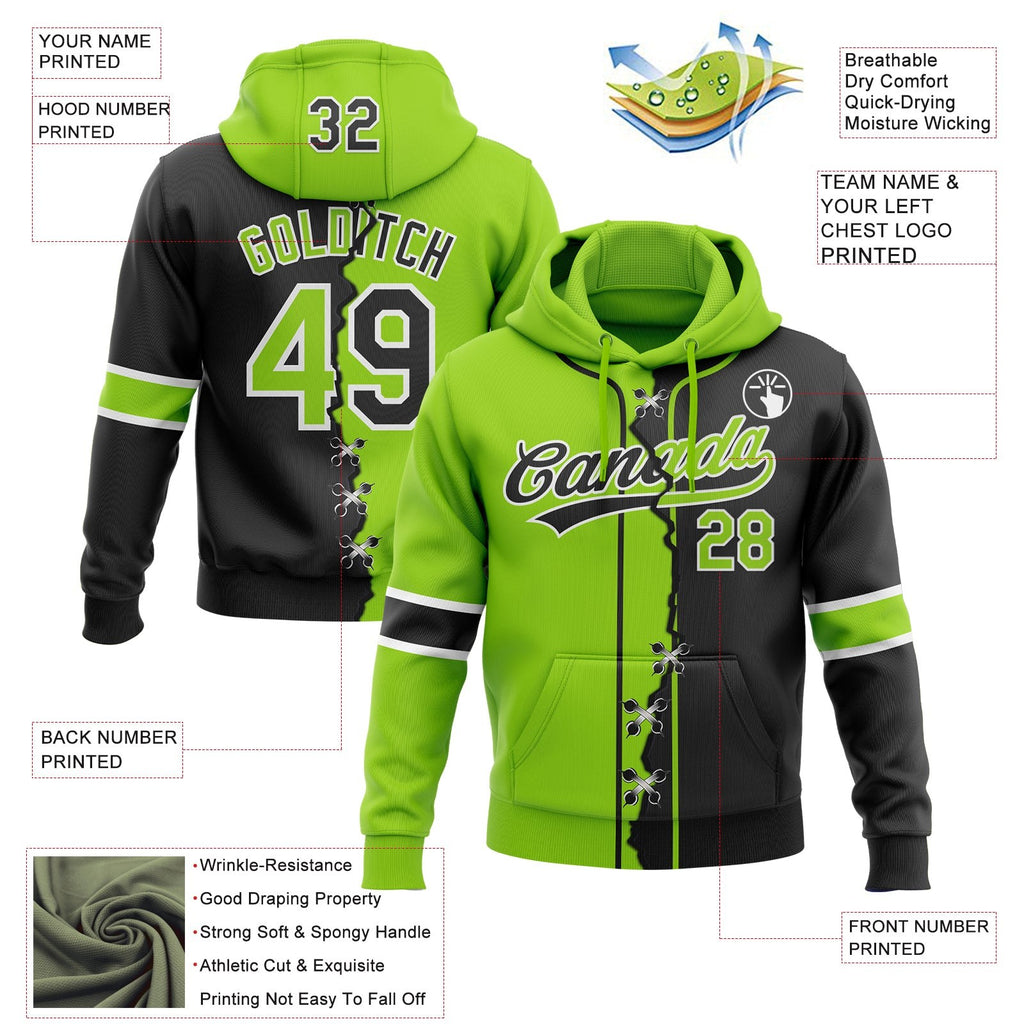 Custom Black Neon Green-White Split Ripped Pattern Baseball Pullover Sweatshirt Hoodie photo 4