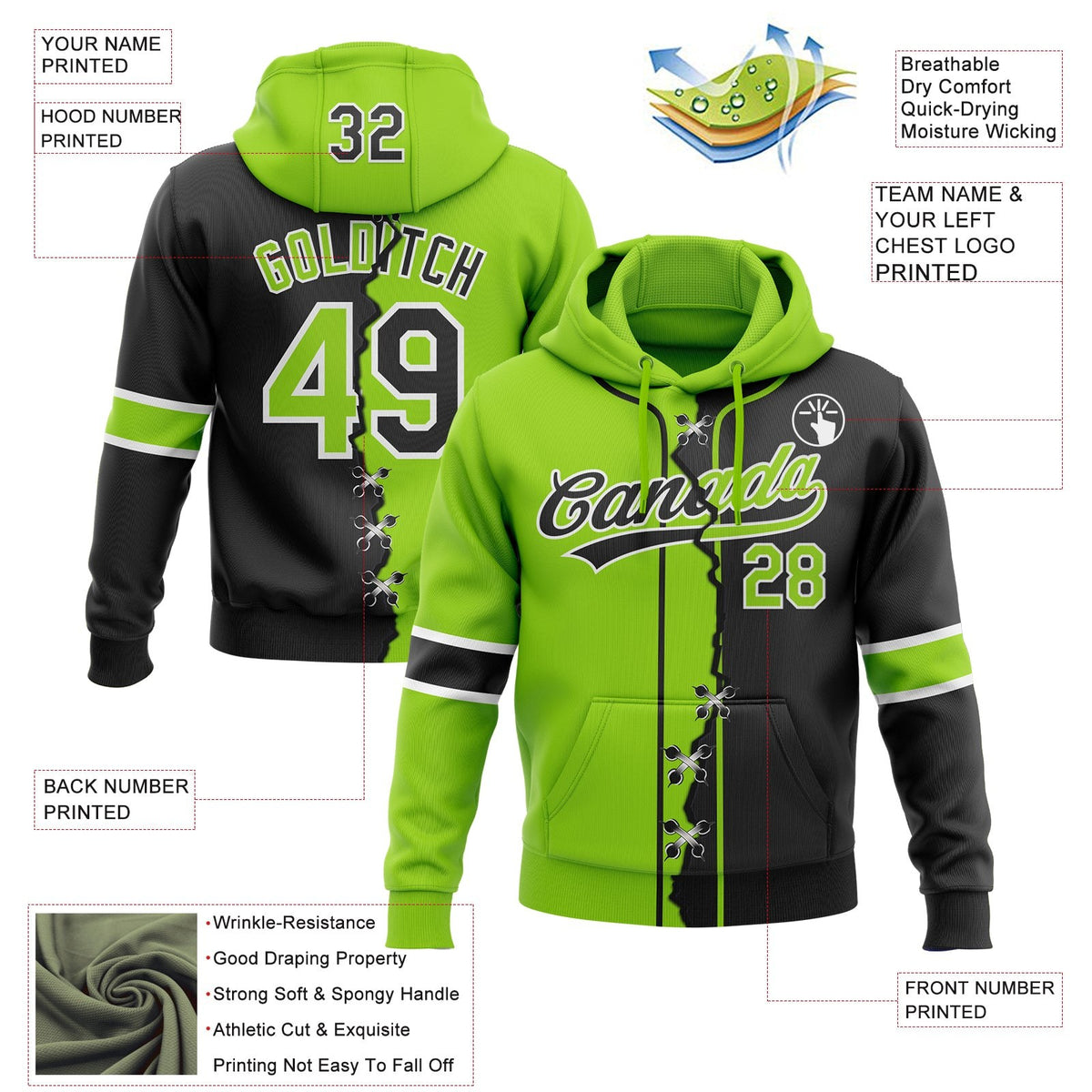 Custom Black Neon Green-White Split Ripped Pattern Baseball Pullover Sweatshirt Hoodie photo 4