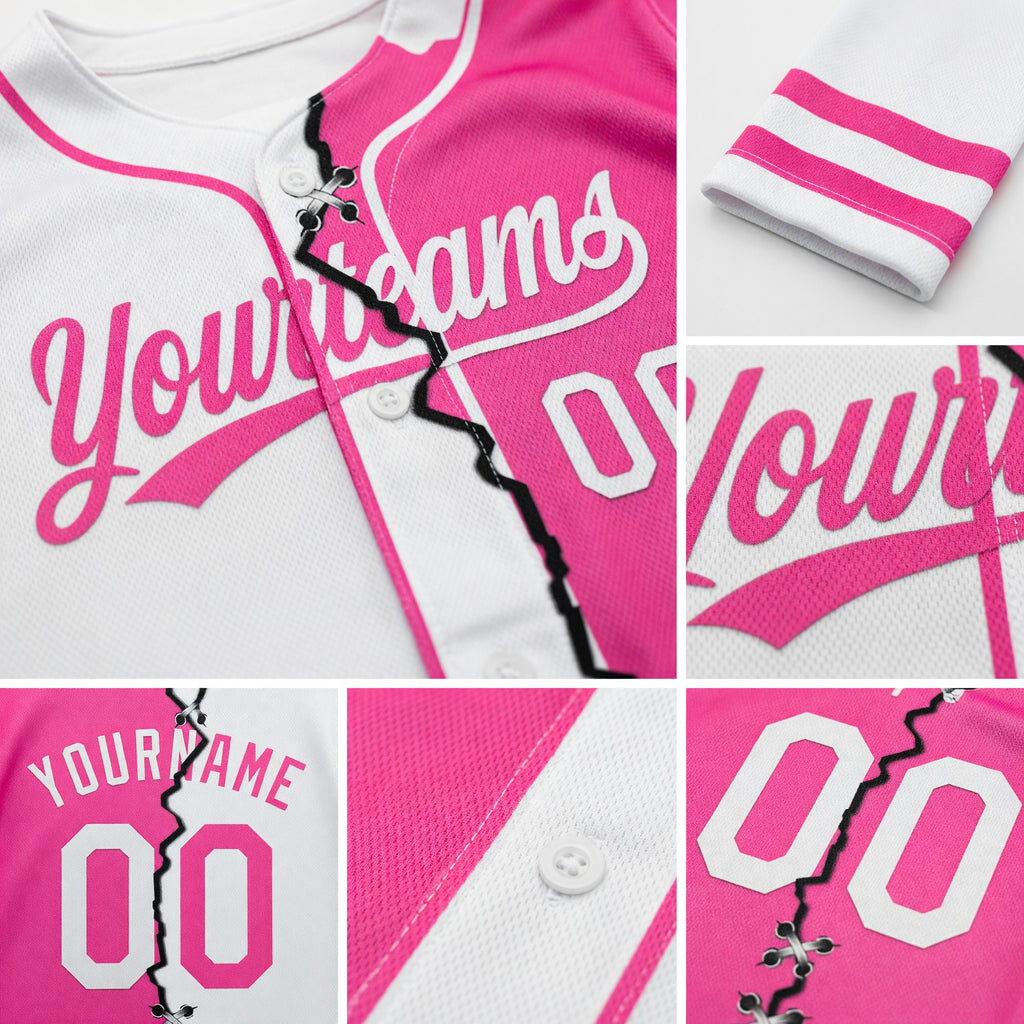 Custom Pink-White Split Ripped Pattern Baseball Pullover Sweatshirt Hoodie detail