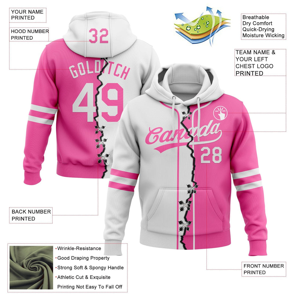 Custom Pink-White Split Ripped Pattern Baseball Pullover Sweatshirt Hoodie photo 3