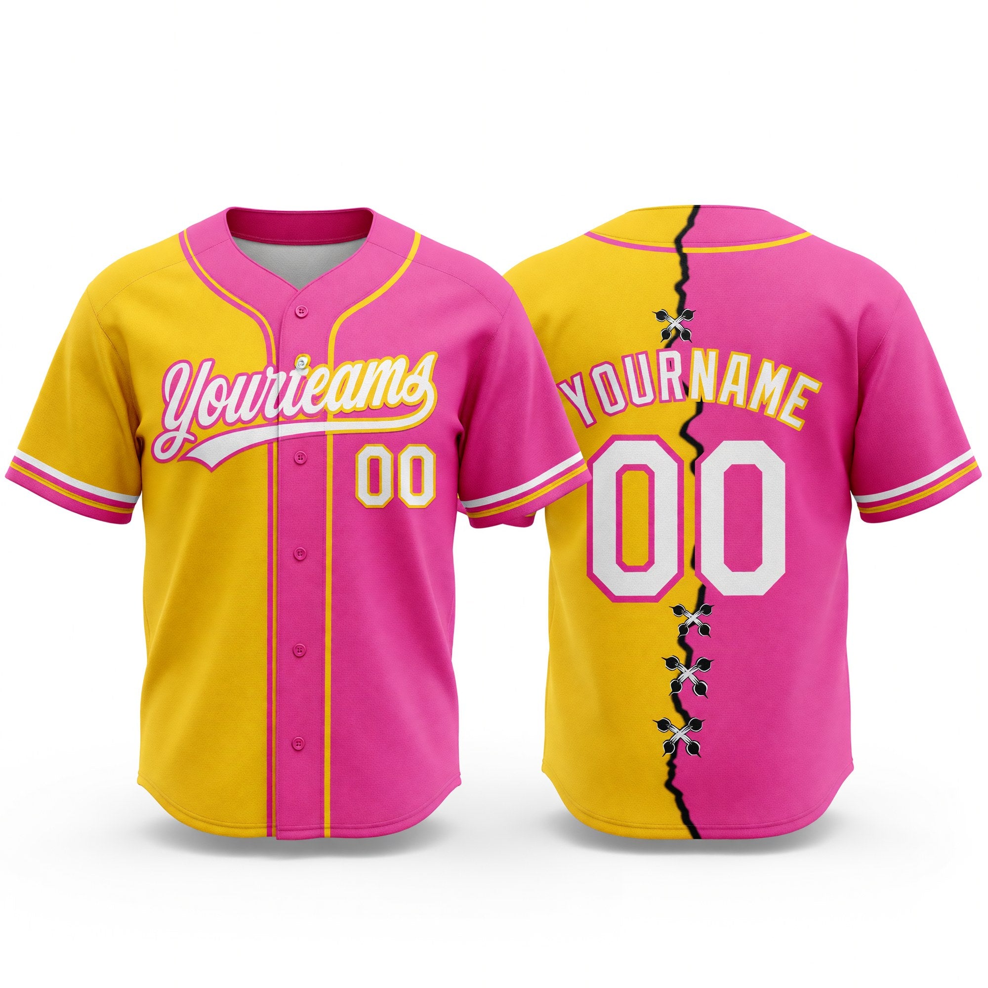 Custom Pink White-Yellow Split Ripped Pattern Baseball Pullover Sweatshirt Hoodie