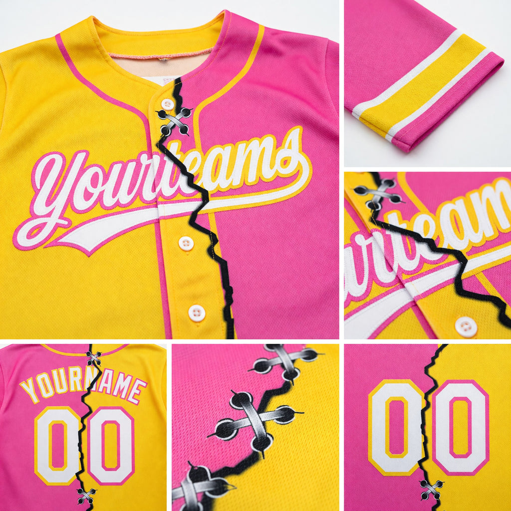 Custom Pink White-Yellow Split Ripped Pattern Baseball Pullover Sweatshirt Hoodie detail