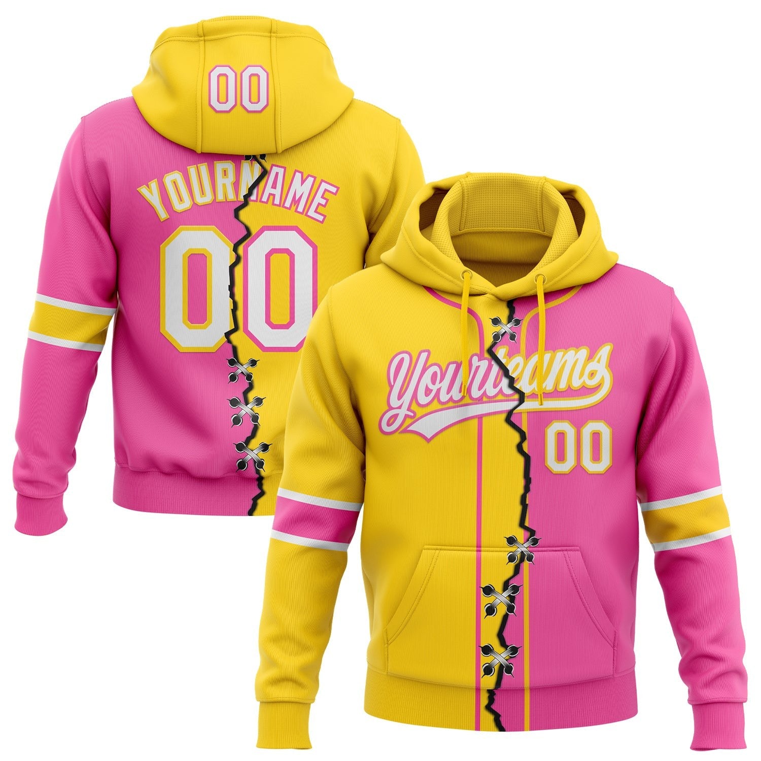 Custom Pink White-Yellow Split Ripped Pattern Baseball Pullover Sweatshirt Hoodie photo 1
