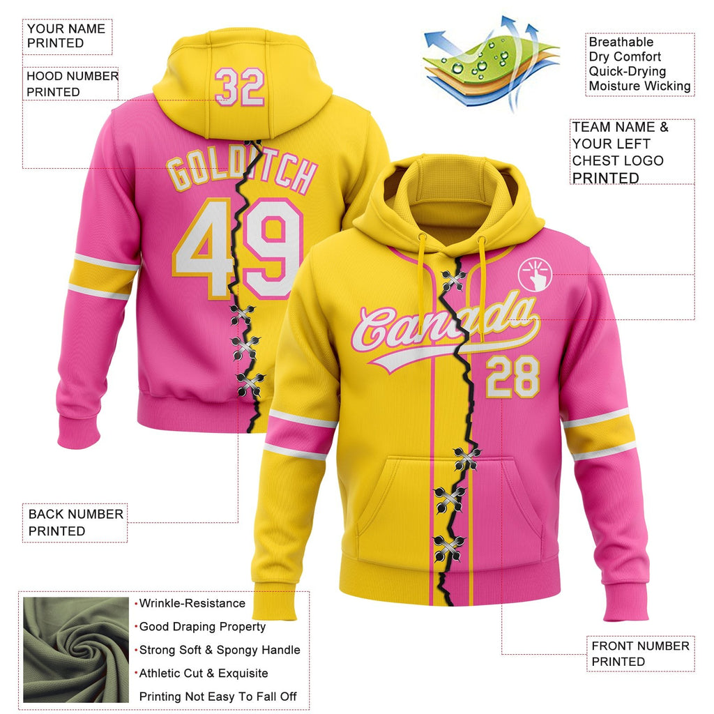 Custom Pink White-Yellow Split Ripped Pattern Baseball Pullover Sweatshirt Hoodie photo 3