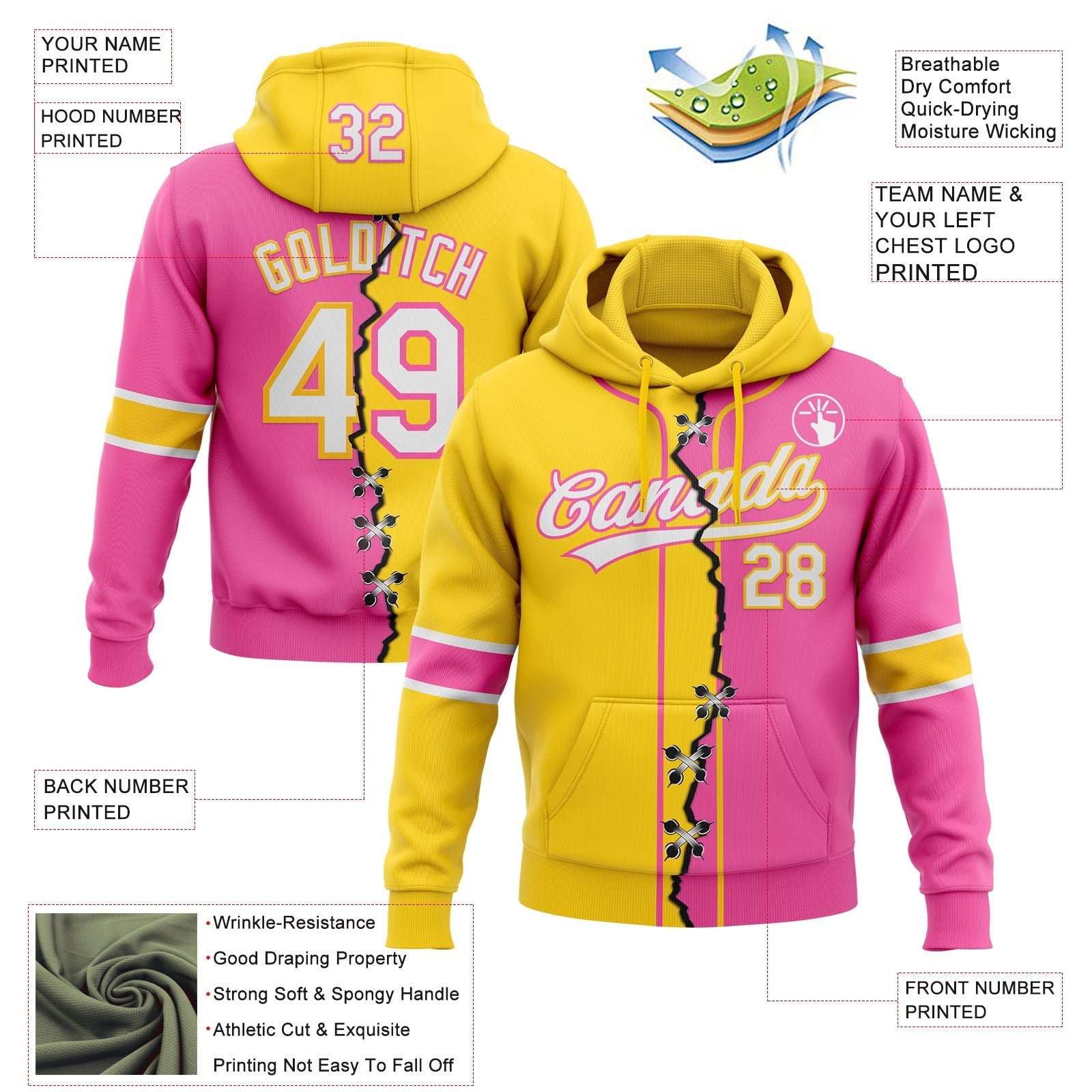 Custom Pink White-Yellow Split Ripped Pattern Baseball Pullover Sweatshirt Hoodie photo 3
