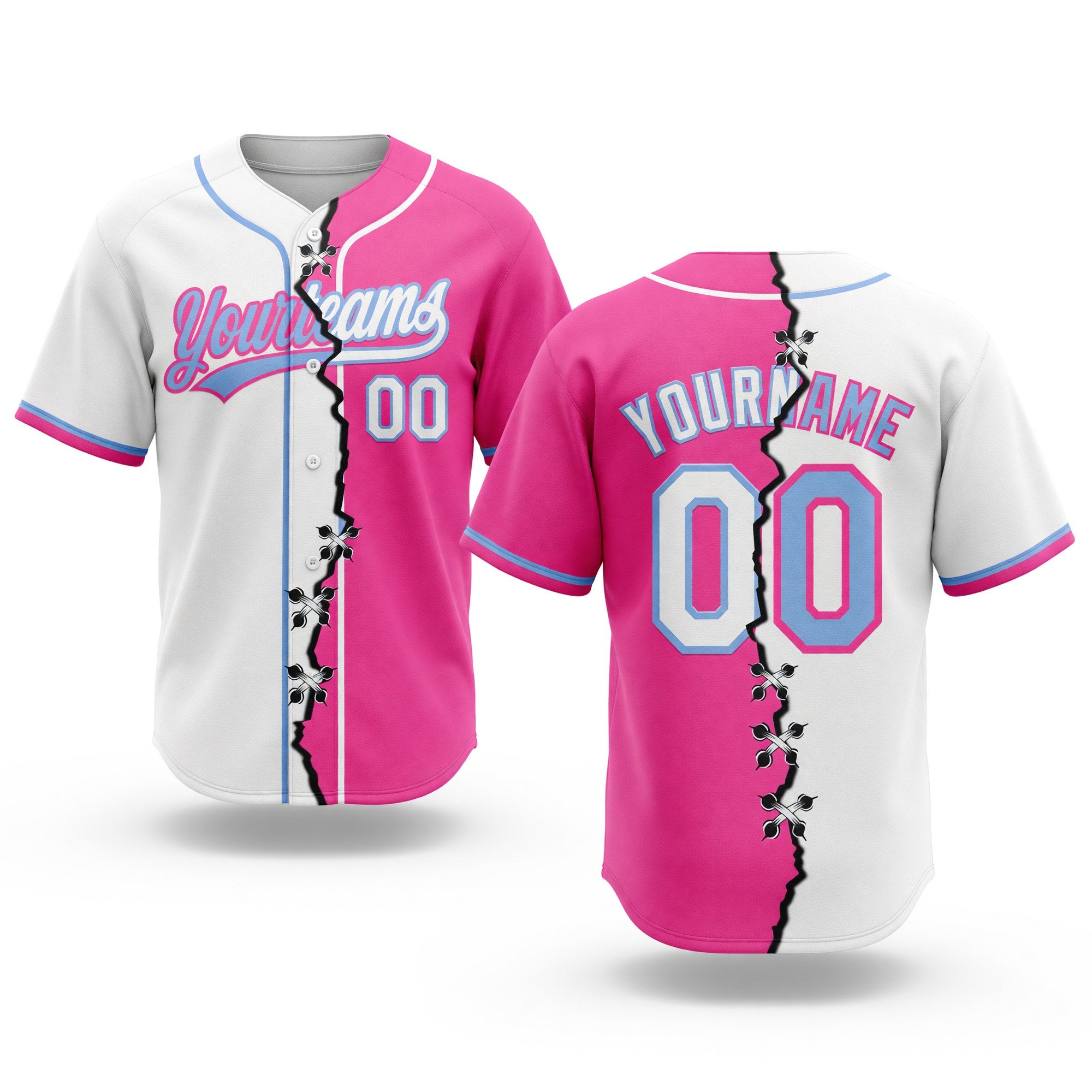 Custom Pink White-Light Blue Split Ripped Pattern Baseball Pullover Sweatshirt Hoodie
