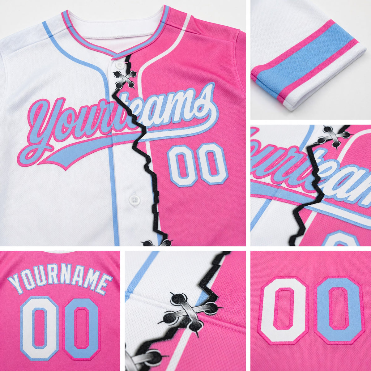 Custom Pink White-Light Blue Split Ripped Pattern Baseball Pullover Sweatshirt Hoodie detail