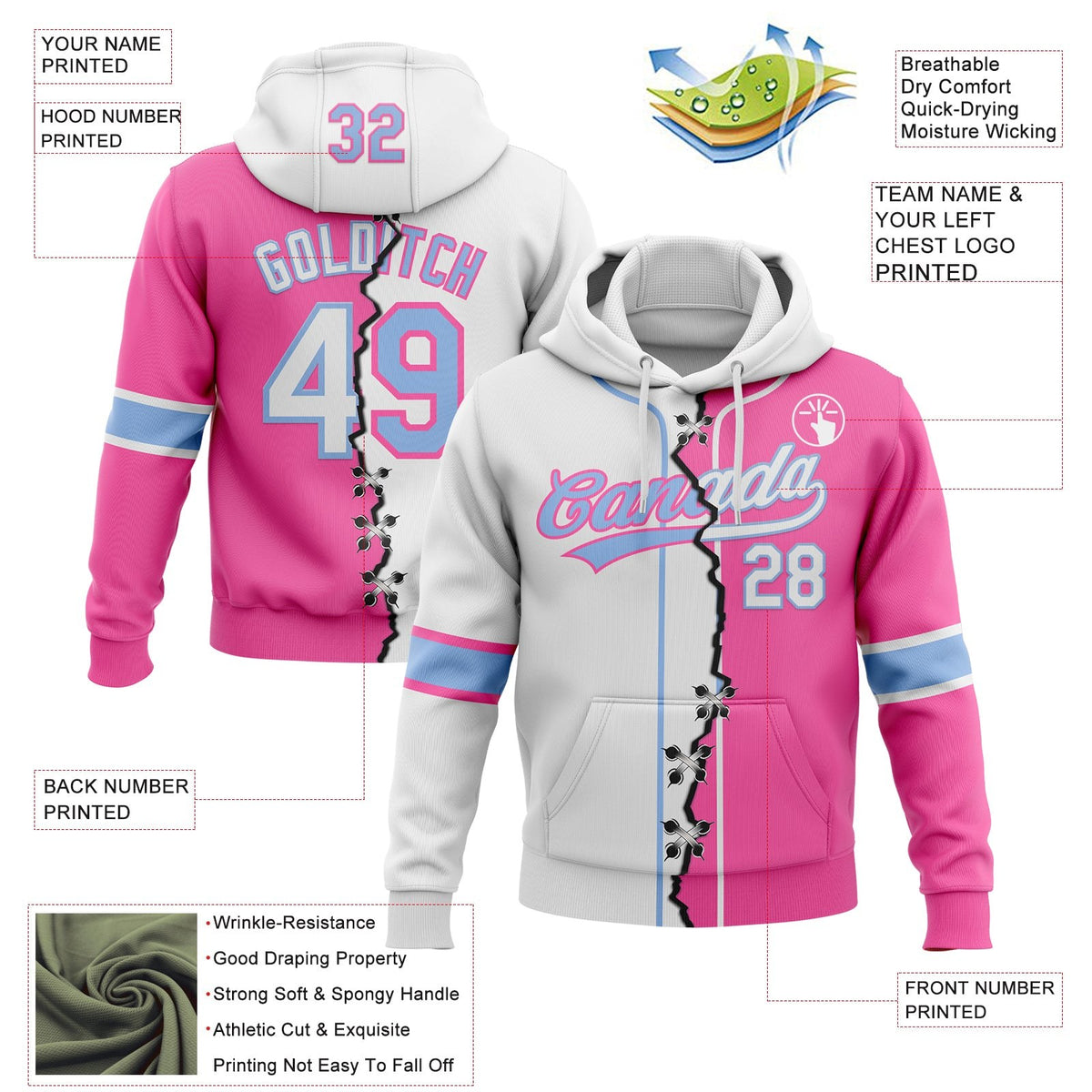 Custom Pink White-Light Blue Split Ripped Pattern Baseball Pullover Sweatshirt Hoodie photo 3