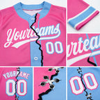 Custom Pink White-Light Blue Split Ripped Pattern Baseball Pullover Sweatshirt Hoodie detail