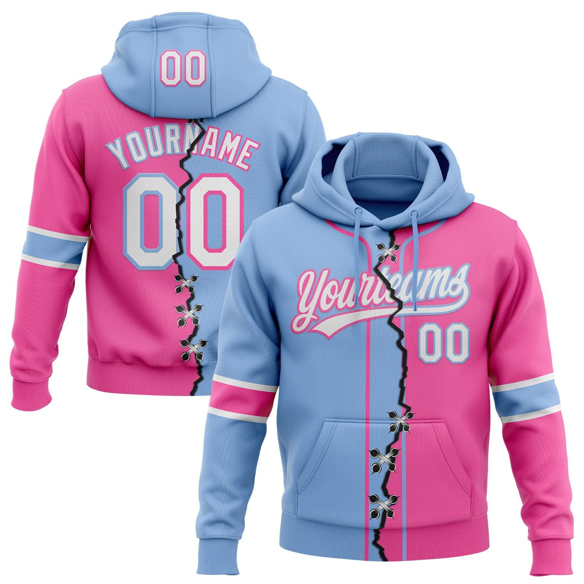Custom Pink White-Light Blue Split Ripped Pattern Baseball Pullover Sweatshirt Hoodie photo 1
