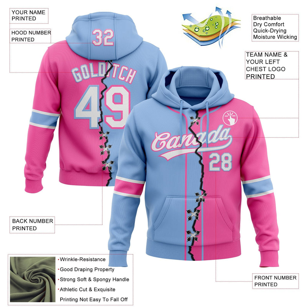 Custom Pink White-Light Blue Split Ripped Pattern Baseball Pullover Sweatshirt Hoodie photo 3