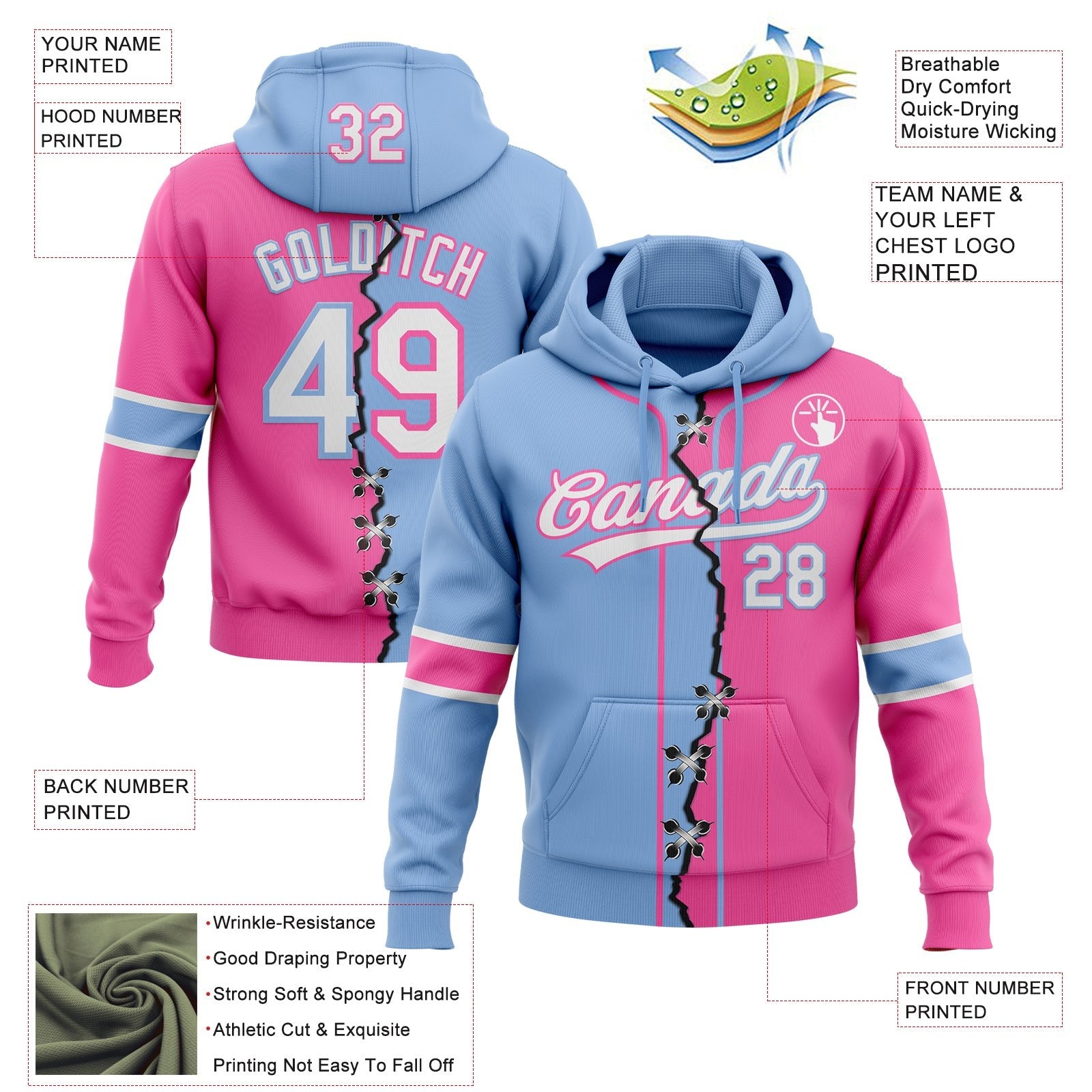 Custom Pink White-Light Blue Split Ripped Pattern Baseball Pullover Sweatshirt Hoodie photo 3
