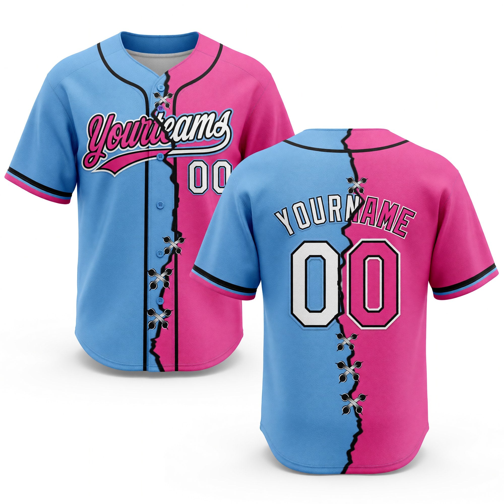 Custom Pink White Light Blue-Black Split Ripped Pattern Baseball Pullover Sweatshirt Hoodie