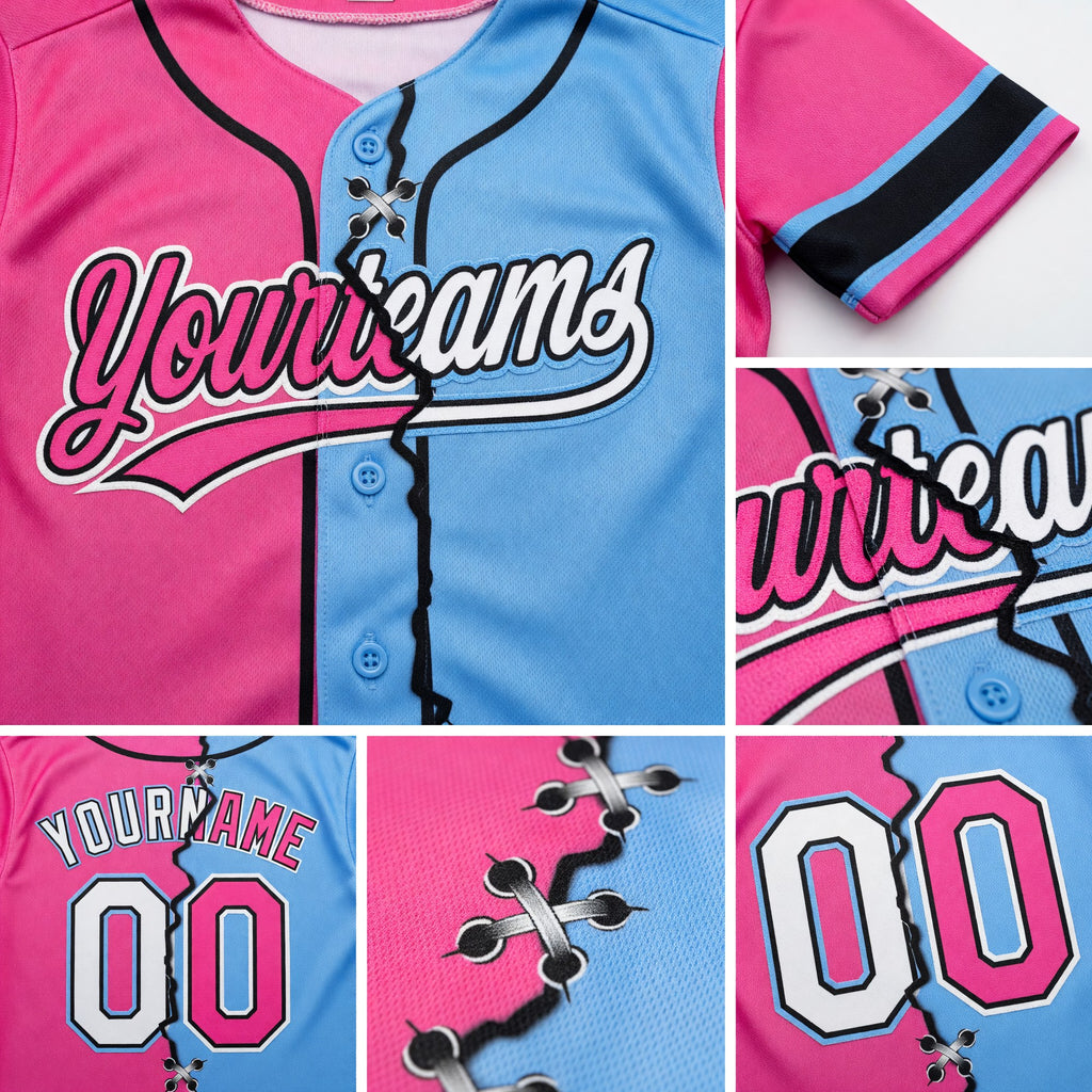 Custom Pink White Light Blue-Black Split Ripped Pattern Baseball Pullover Sweatshirt Hoodie detail