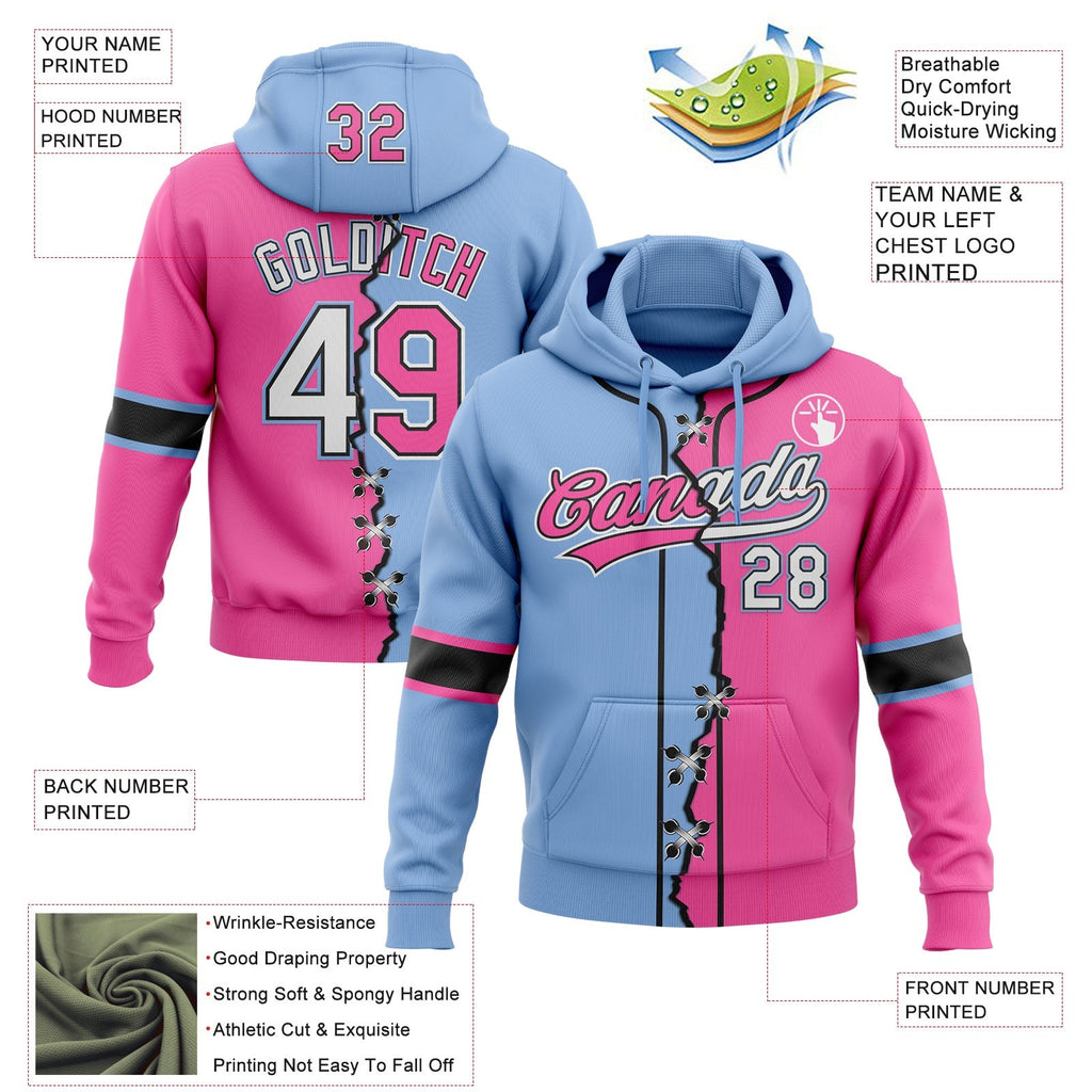Custom Pink White Light Blue-Black Split Ripped Pattern Baseball Pullover Sweatshirt Hoodie photo 3