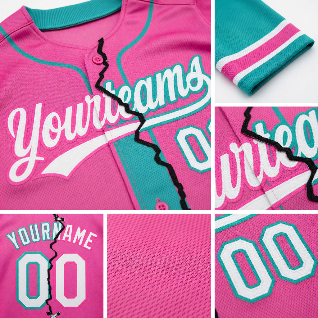 Custom Pink White-Aqua Split Ripped Pattern Baseball Pullover Sweatshirt Hoodie detail