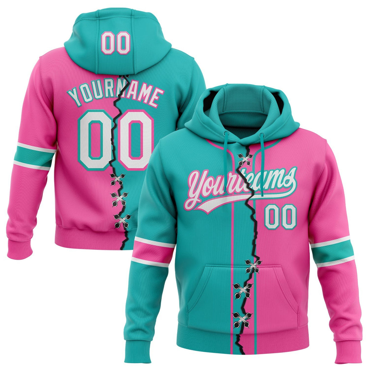 Custom Pink White-Aqua Split Ripped Pattern Baseball Pullover Sweatshirt Hoodie photo 1