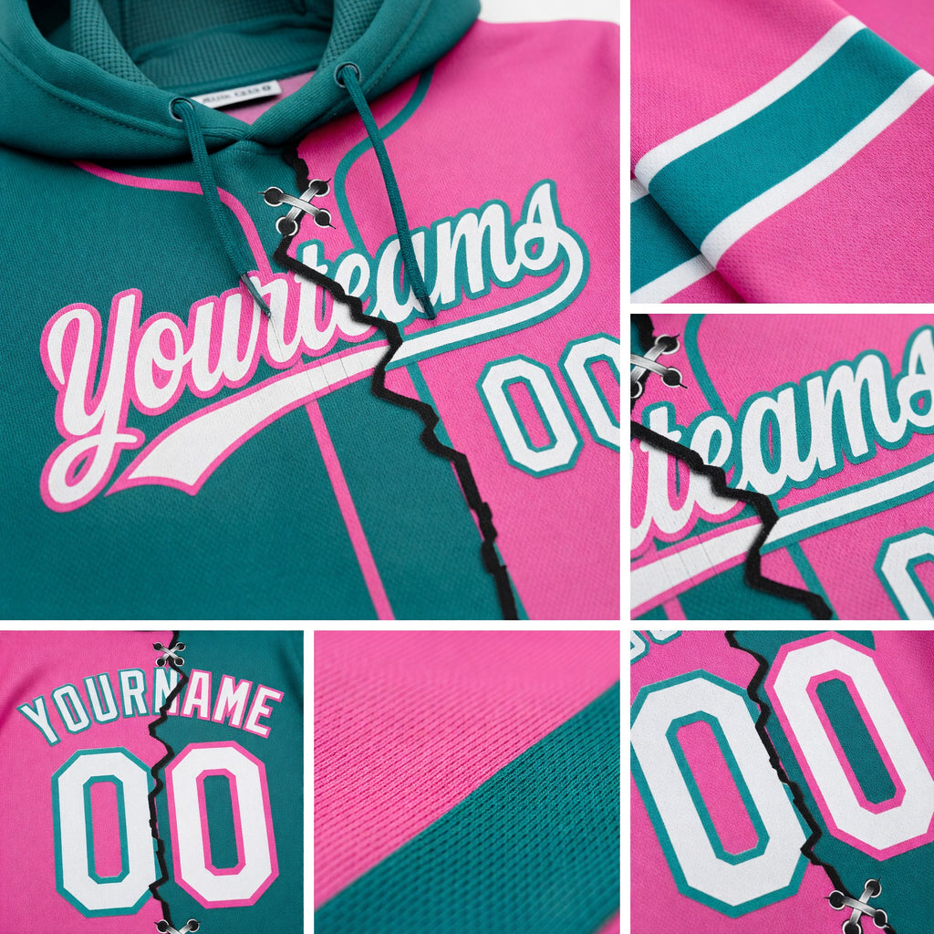 Custom Pink White-Teal Split Ripped Pattern Baseball Pullover Sweatshirt Hoodie detail