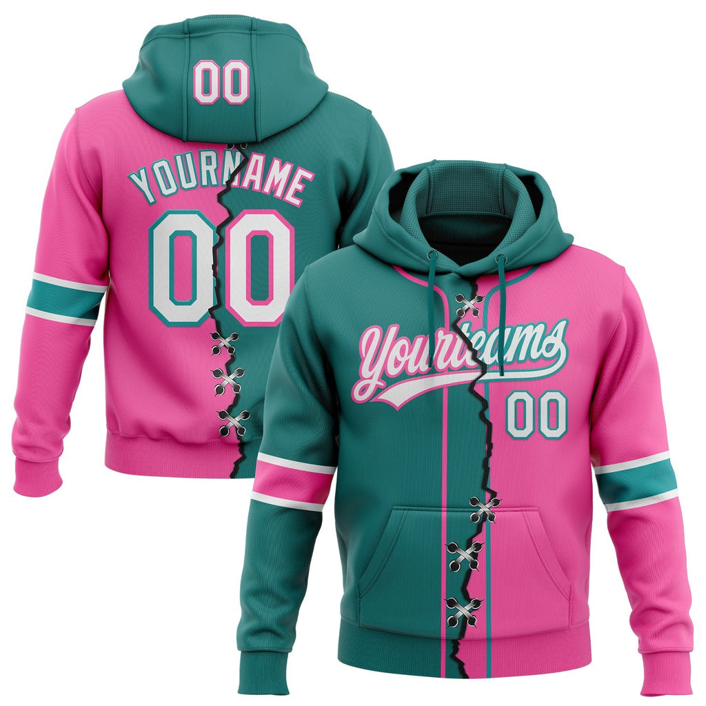 Custom Pink White-Teal Split Ripped Pattern Baseball Pullover Sweatshirt Hoodie photo 1