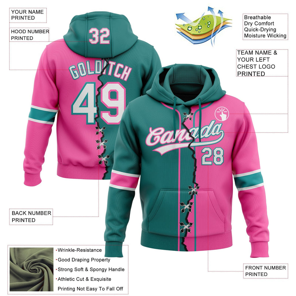 Custom Pink White-Teal Split Ripped Pattern Baseball Pullover Sweatshirt Hoodie photo 3