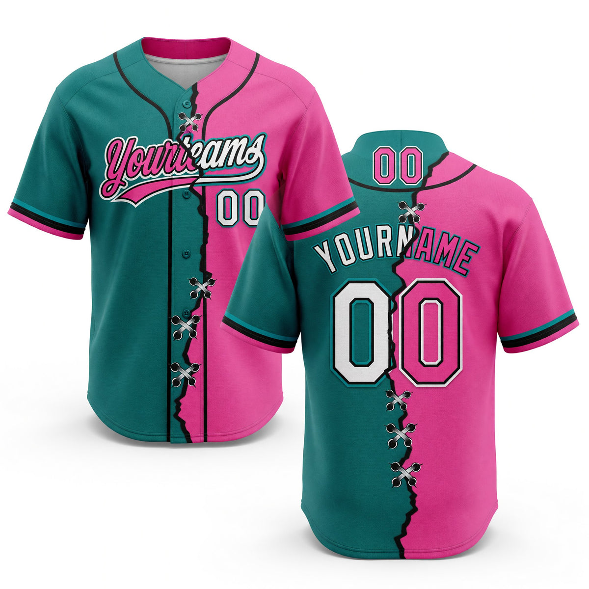 Custom Pink White Teal-Black Split Ripped Pattern Baseball Pullover Sweatshirt Hoodie