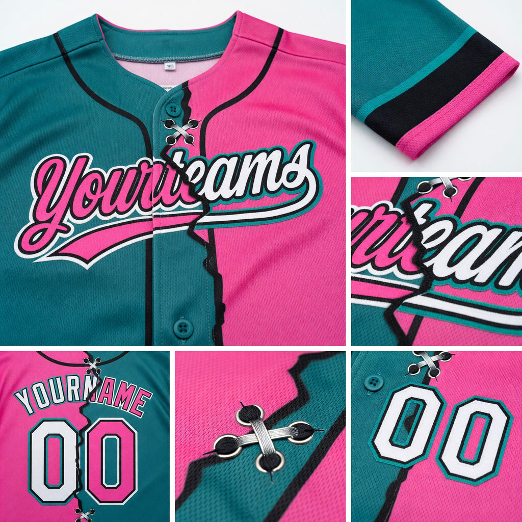 Custom Pink White Teal-Black Split Ripped Pattern Baseball Pullover Sweatshirt Hoodie detail