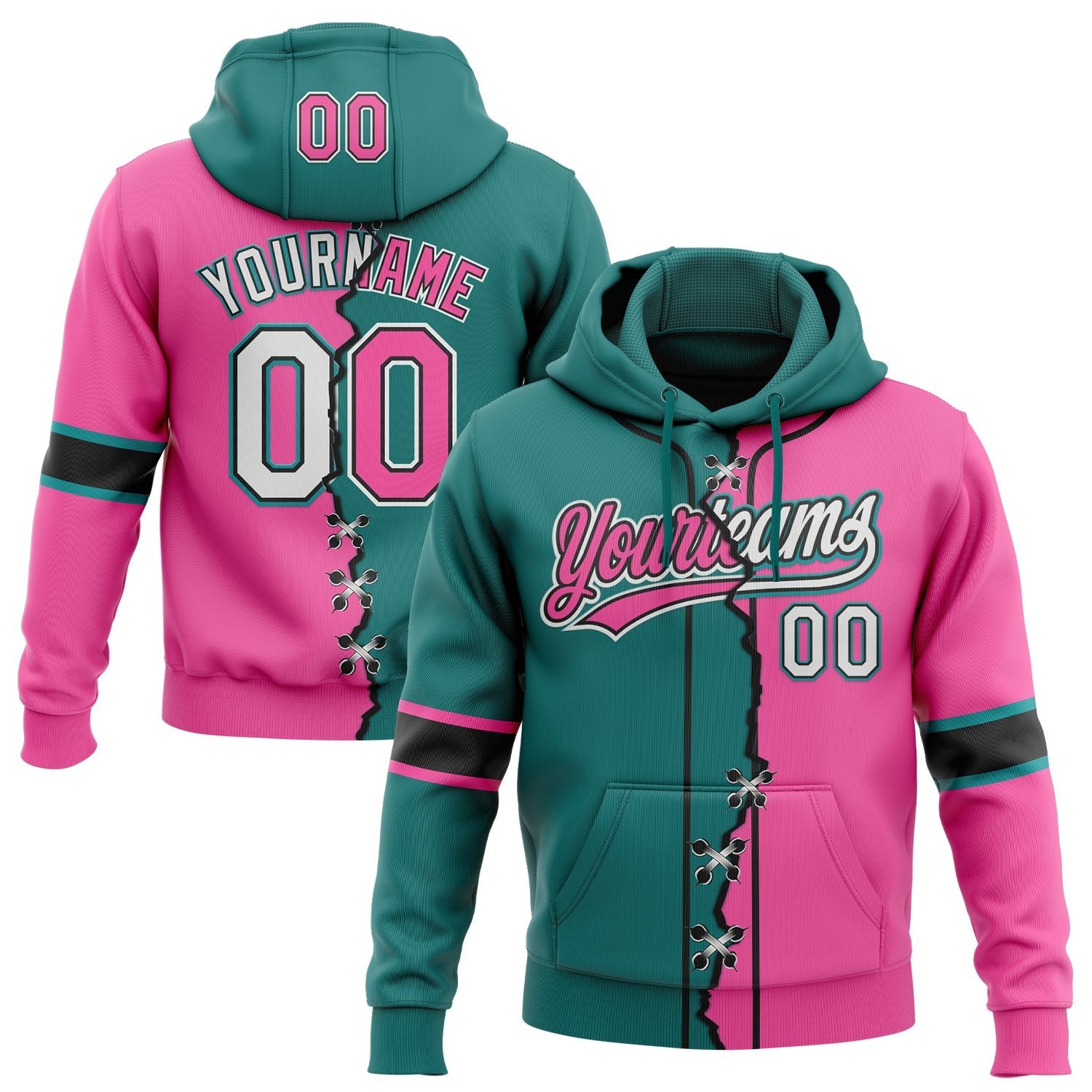 Custom Pink White Teal-Black Split Ripped Pattern Baseball Pullover Sweatshirt Hoodie photo 1