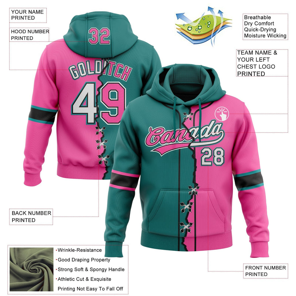 Custom Pink White Teal-Black Split Ripped Pattern Baseball Pullover Sweatshirt Hoodie photo 3