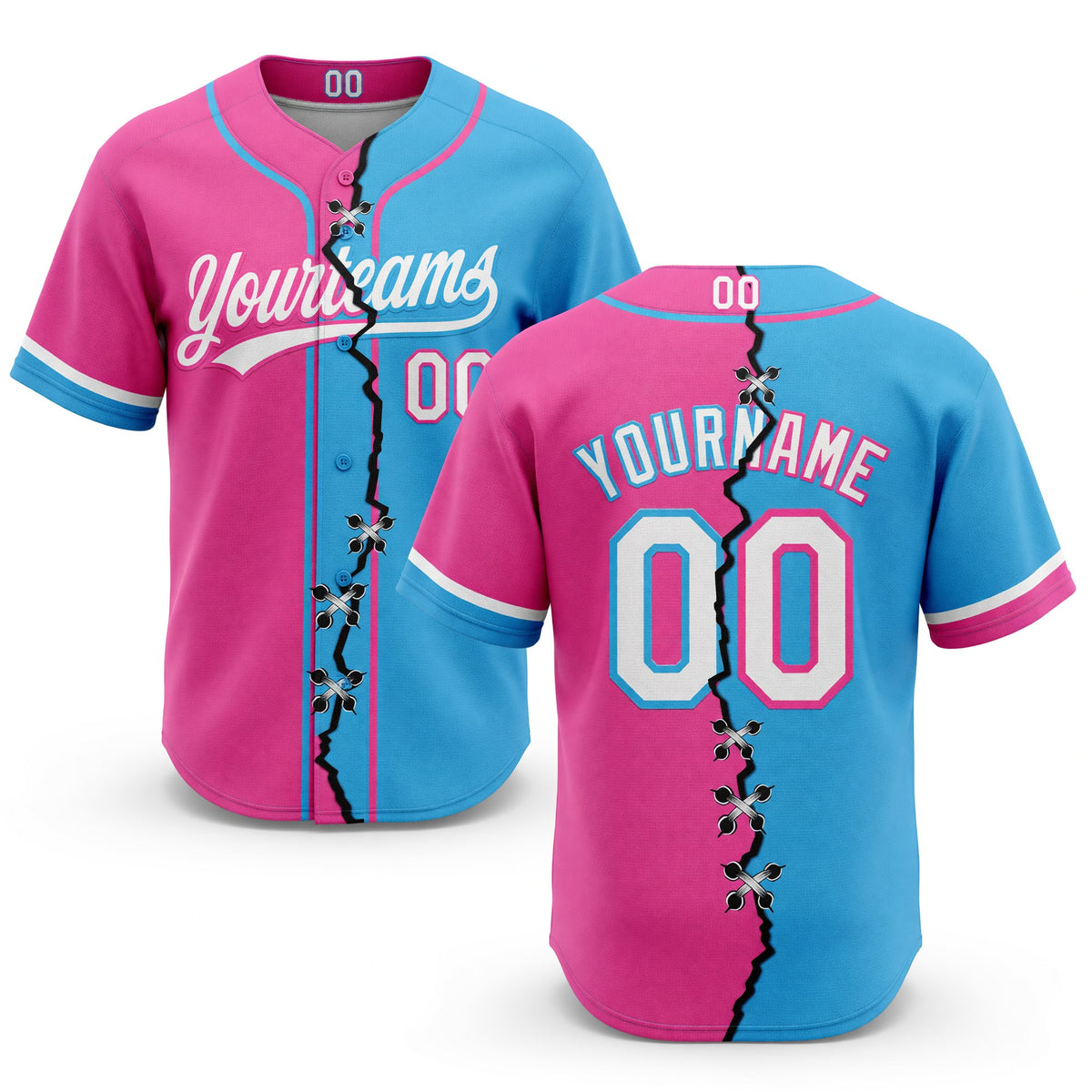 Custom Pink White-Sky Blue Split Ripped Pattern Baseball Pullover Sweatshirt Hoodie