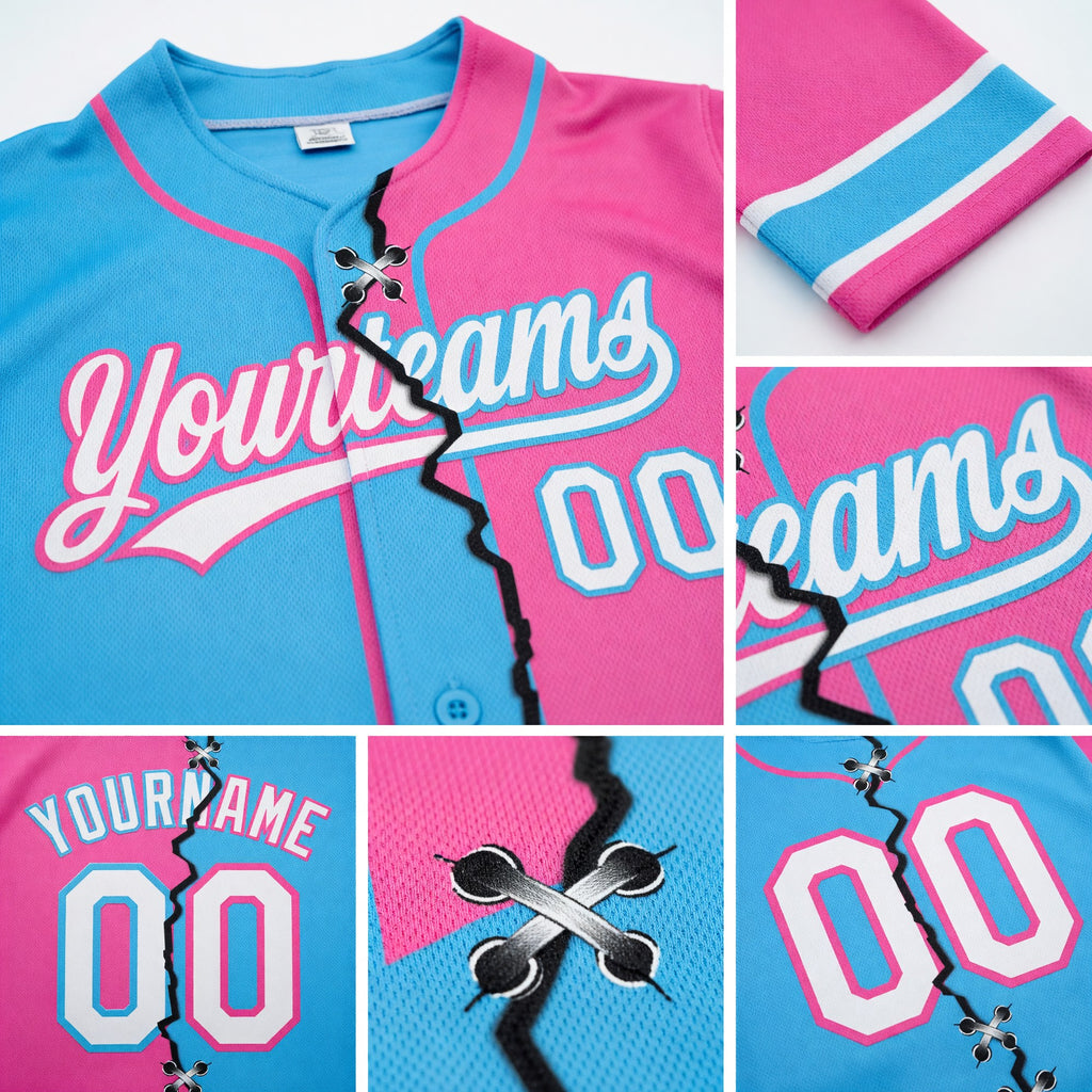 Custom Pink White-Sky Blue Split Ripped Pattern Baseball Pullover Sweatshirt Hoodie detail