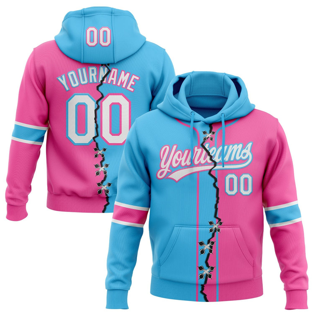 Custom Pink White-Sky Blue Split Ripped Pattern Baseball Pullover Sweatshirt Hoodie photo 1