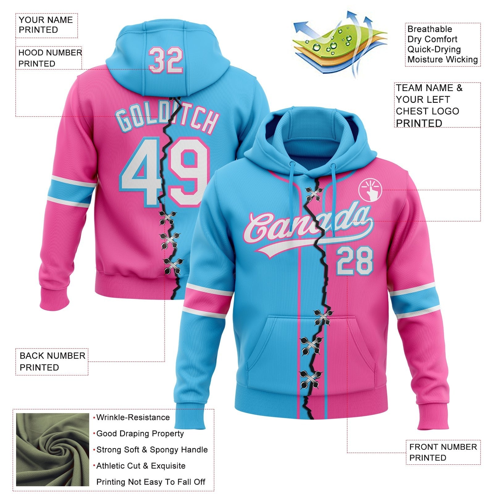 Custom Pink White-Sky Blue Split Ripped Pattern Baseball Pullover Sweatshirt Hoodie photo 3