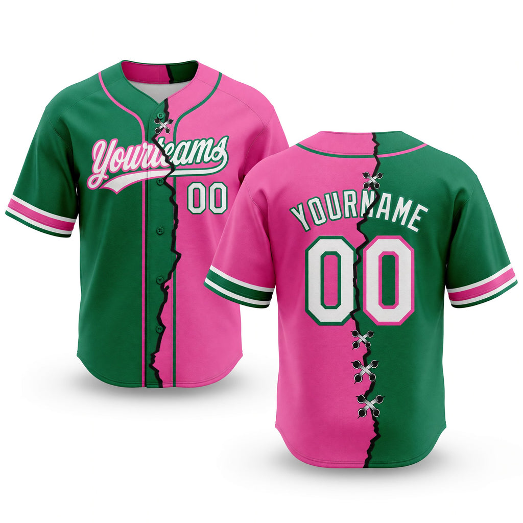 Custom Pink White-Kelly Green Split Ripped Pattern Baseball Pullover Sweatshirt Hoodie