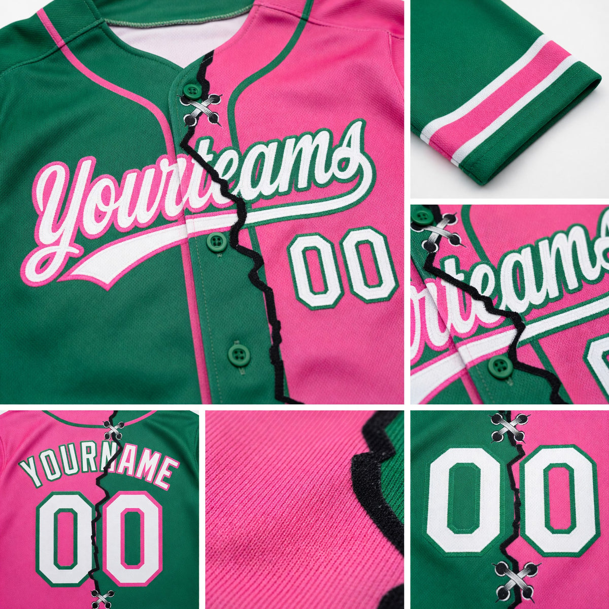 Custom Pink White-Kelly Green Split Ripped Pattern Baseball Pullover Sweatshirt Hoodie detail
