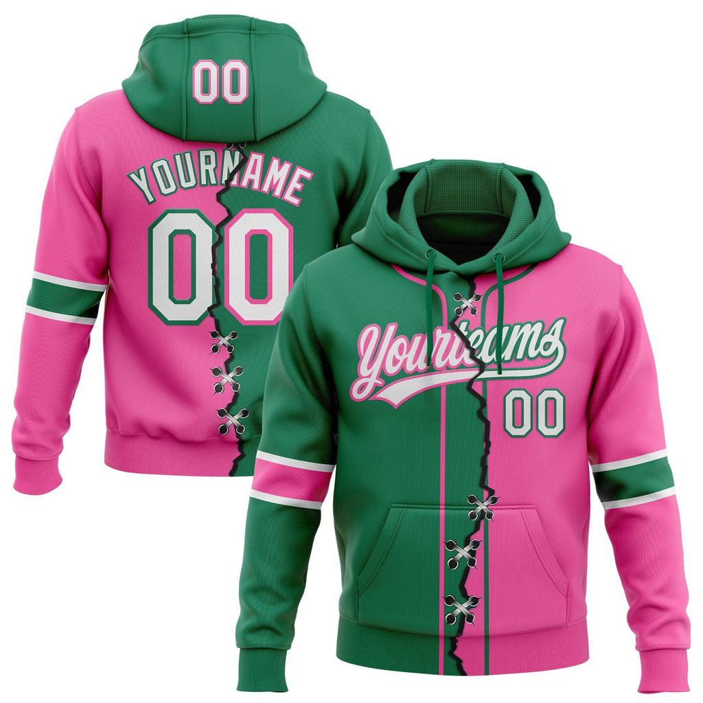 Custom Pink White-Kelly Green Split Ripped Pattern Baseball Pullover Sweatshirt Hoodie photo 1