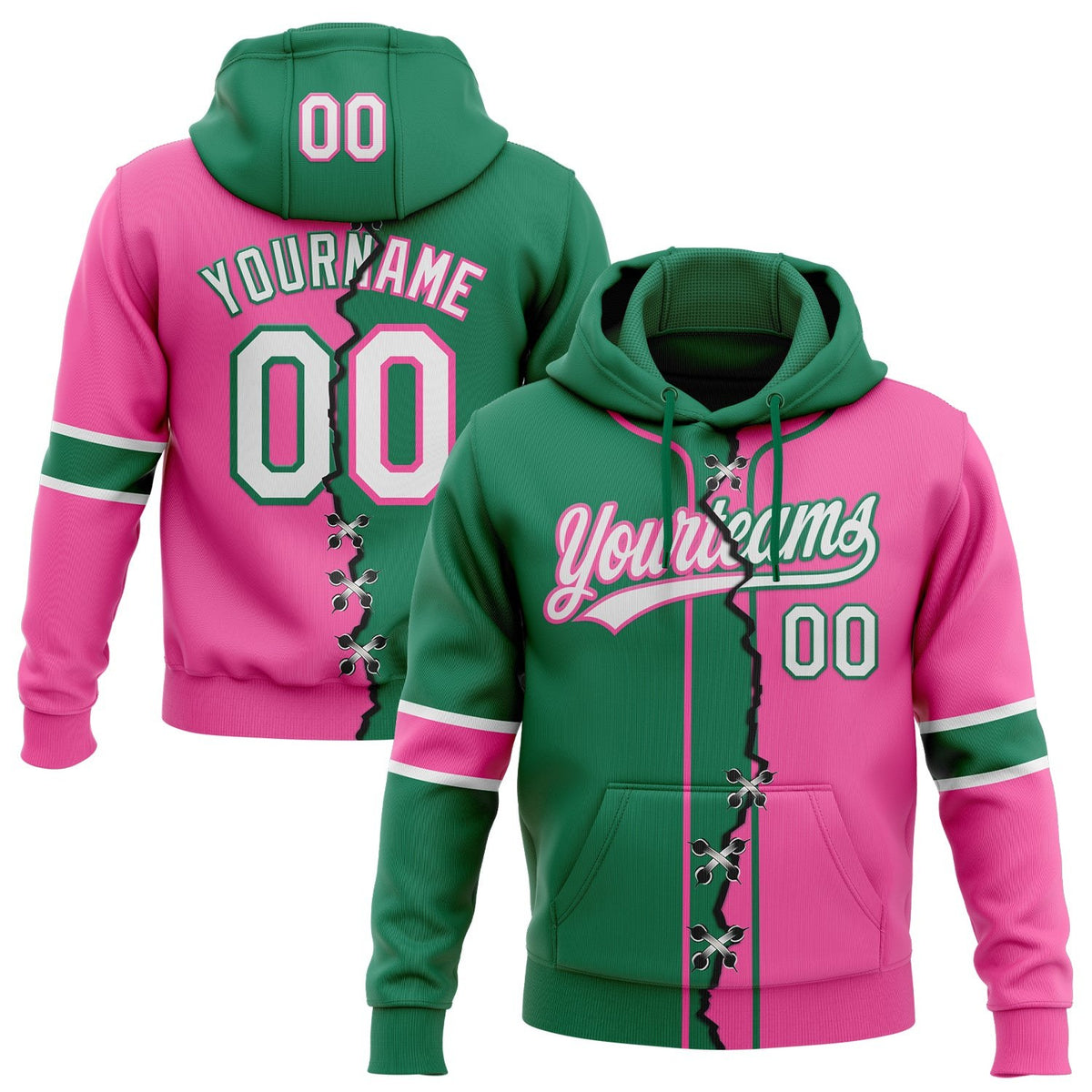 Custom Pink White-Kelly Green Split Ripped Pattern Baseball Pullover Sweatshirt Hoodie photo 1