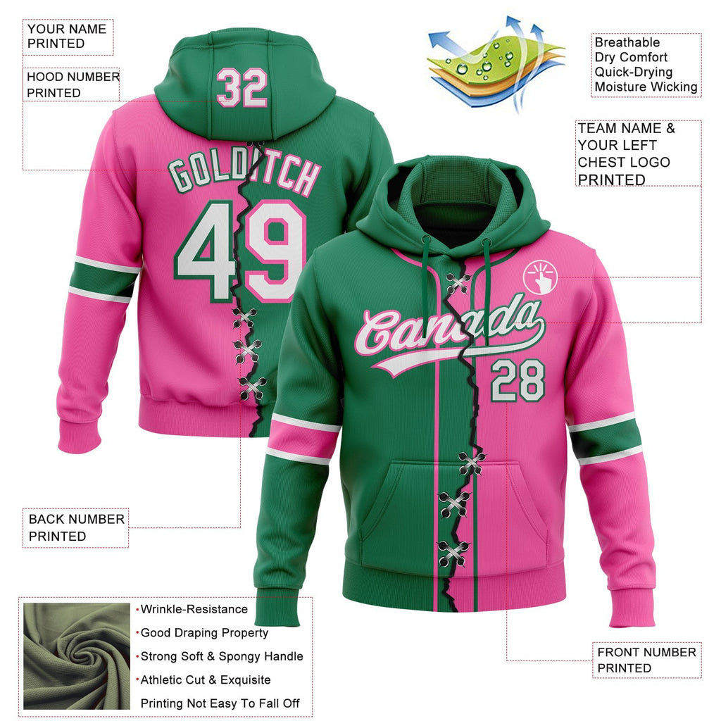 Custom Pink White-Kelly Green Split Ripped Pattern Baseball Pullover Sweatshirt Hoodie photo 3
