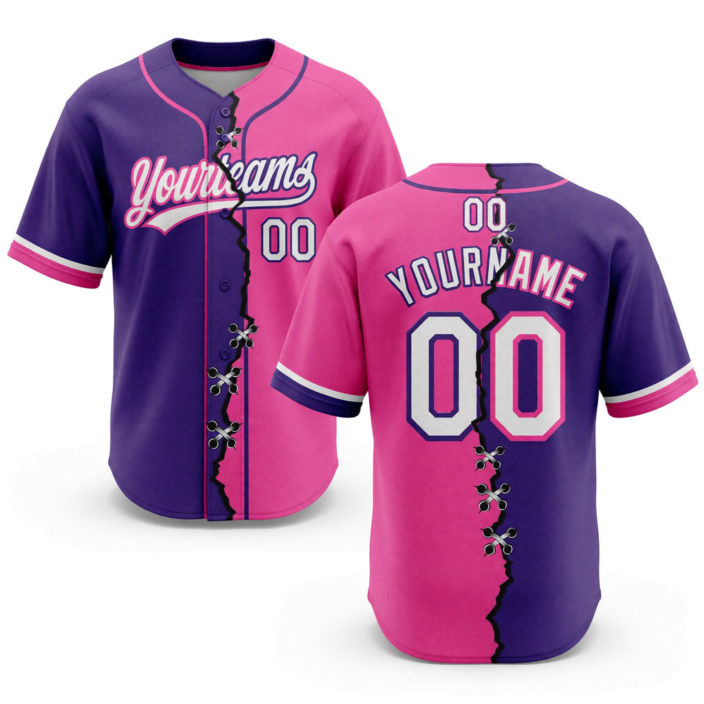 Custom Pink White-Purple Split Ripped Pattern Baseball Pullover Sweatshirt Hoodie