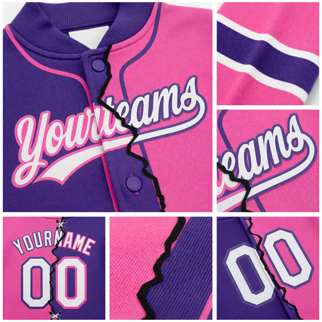 Custom Pink White-Purple Split Ripped Pattern Baseball Pullover Sweatshirt Hoodie detail