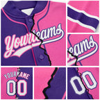 Custom Pink White-Purple Split Ripped Pattern Baseball Pullover Sweatshirt Hoodie detail