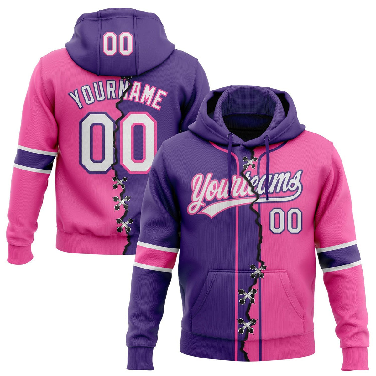Custom Pink White-Purple Split Ripped Pattern Baseball Pullover Sweatshirt Hoodie photo 1