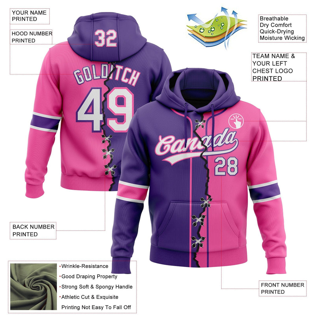 Custom Pink White-Purple Split Ripped Pattern Baseball Pullover Sweatshirt Hoodie photo 3
