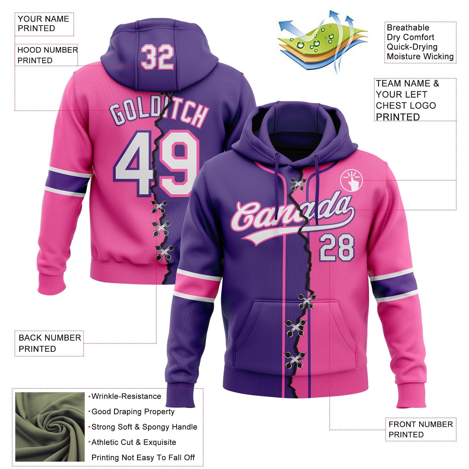 Custom Pink White-Purple Split Ripped Pattern Baseball Pullover Sweatshirt Hoodie photo 3
