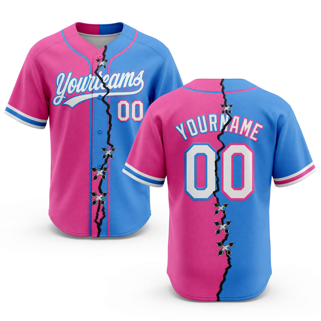 Custom Pink White-Powder Blue Split Ripped Pattern Baseball Pullover Sweatshirt Hoodie
